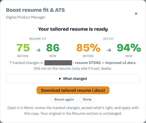 The boost result: resume fit 75 to 86 and ATS fit 85% to 94%, seven tracked changes, download the tailored resume