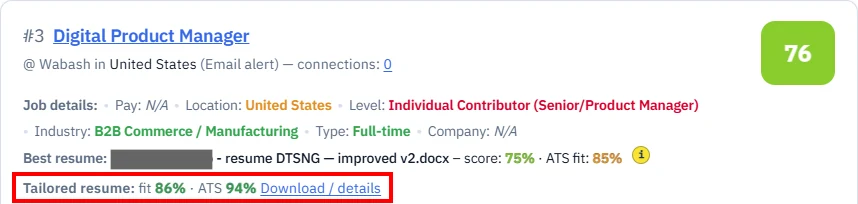 A job card showing the tailored resume line: fit 86%, ATS 94%, download and details